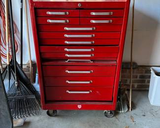 C63 - $200 - Beach 12 Drawer Rolling Tool Box. Has key and locks! Measures 29" wide (with side handle) x 18" deep x 42" tall. 