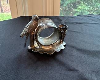 C17 - $45 - Webster & Bro Silverplated Napkin Ring with Bud Vase and Parrot. 