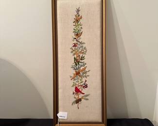 C29 - $30 - Large Framed Bird Needlepoint/ Embroidery with birds & trees. Measures 11.25" wide x 27.5" tall. 