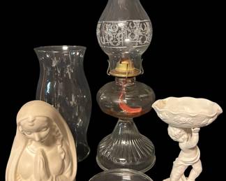Virgin Mary Sculpture, Cherub Angel Candle Holder, Americana Candle Lamp, Hurricane Glass