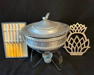 Pineapple Trivet, 5 Bakelite Handles Steak Knives And A Shafing Dish