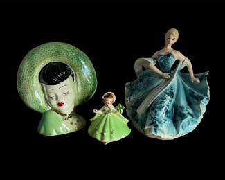 Josef Original Green Porcelain Doll, Samson Imported Blue Porcelain Doll Ceramic Bust