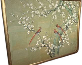 Chinese Painting on Silk of Birds and Blossoms (Artist Uin) - 40” W x 31” H