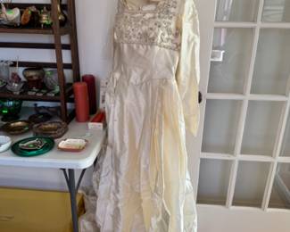 Vintage wedding dress, satin with hand beading and veil