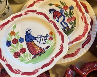 PV Pottery "Peasant Village French Country Square" Hand Painted Dishes - Set of 6 Bread & Butter Plates, 4 Salad Plates, Mixing Bowl 