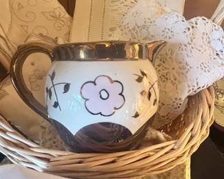 English Ware Copper Lusterware Pink Floral Creamer Pitcher