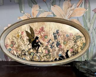 Oval Reverse Painted Fairy Silhouette Picture with Dried Floral Background