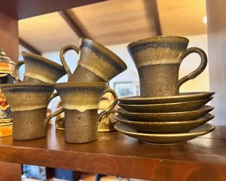 10 Piece Brown Drip Glaze Stoneware Teacups & Saucers 