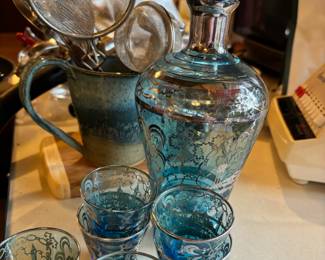 7 Piece Italian Blue Glass and Sterling Silver Overlay Decanter and Shot Glasses