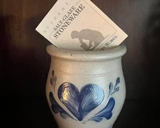 Rowe Pottery Stoneware Salt Glaze Jar Vase with Blue Heart Motif 