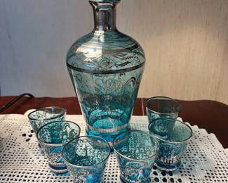 7 Piece Italian Blue Glass and Sterling Silver Overlay Decanter and Shot Glasses