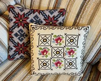 Folk Art Needlepoint Throw Pillow, Cross Stitch Throw Pillow