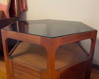 Mid Century Danish Style Walnut Hexagonal Coffee Table with Smoky Glass Top