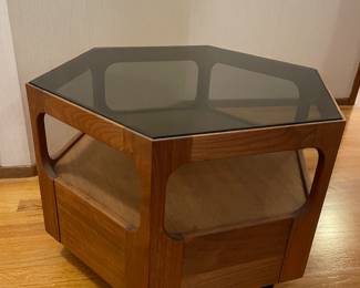 Mid Century Danish Style Walnut Hexagonal Coffee Table with Smoky Glass Top