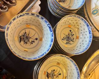 Set of 20 Chinese Porcelain Rice Grain Bowls with Gold Trim and Floral Design