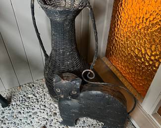 Folk Art Metal Cat Yard Art, Black Wicker Handled Floor Vase