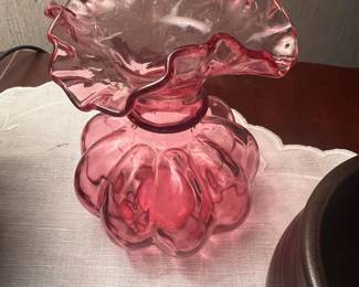 Cranberry Glass Vase with Ruffled Rim
