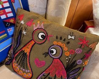 Scandinavian Embroidered Throw Pillow with Bird Design