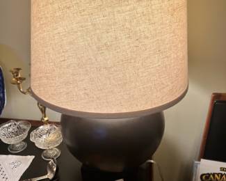 Matte Black Round Table Lamp with Textured Tan Lamp Shade