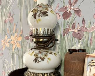 Milk Glass Floral Painted Electric Hurricane Lamp
