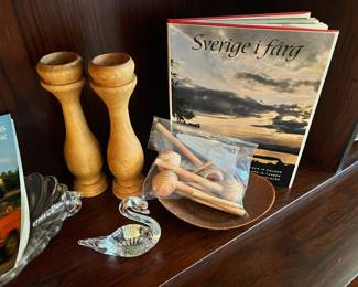 Pair of Wooden Pillar Candle Holders, Bergdala Swedish Crystal Swan Figurine, Wood Carved Pipes