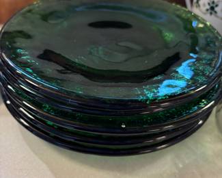 Set of 5 Green Blown Glass Salad Plates
