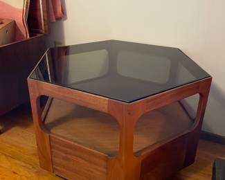 Mid Century Danish Style Walnut Hexagonal Coffee Table with Smoky Glass Top