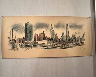 Watercolor/Ink Rendering of United Nations Skyline, New York by John Haymson