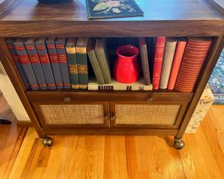 Mid Century Rolling Bookcase/Cabinet with Double Cane Front Doors