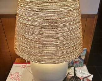 Matte White Round Table Lamp with Textured Brown/White Lamp Shade
