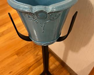 Global Pottery Blue "Rocaille" Planter – 8x7, Black Iron Plant Stand