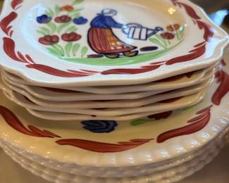 PV Pottery "Peasant Village French Country Square" Hand Painted Dishes - Set of 6 Bread & Butter Plates, 4 Salad Plates, Mixing Bowl 