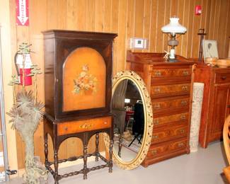 Martin Borja Tree Sculpture, Painted China Cabinet, Mirror, Victorian Lockable Dresser
