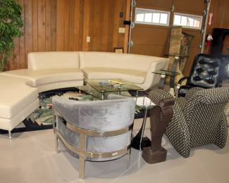 American Leather Sectional, Modani Expandable Glass Coffee Table, Kroehler Barrel Chair, Krispins Memphis Style Lounge Chair
