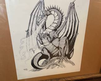 Framed & Matted 1981 Dragon Black Ink Drawing by Karen Lee Carmack