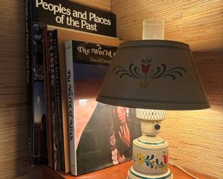Assortment of Coffee Table Books, White Ceramic Table Lamp with Scandinavian Folk Art Design