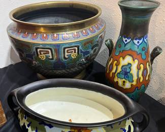 Regina Gouda Holland Pottery Jardiniere, Astra Gouda Holland Pottery Vase, Japanese Brass Cloisonné Jardiniere