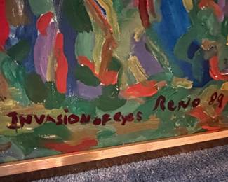 Framed 1989 Abstract Expressionist Painting "Invasion of Eyes" by Joe Reno