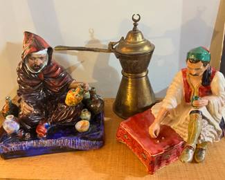 1947 Royal Doulton "The Potter" Figurine, Turkish Brass Coffee Pot, The Studio Pottery "Albanian Dice Thrower" Figurine