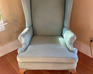 Gray Upholstered Wing Back Arm Chair