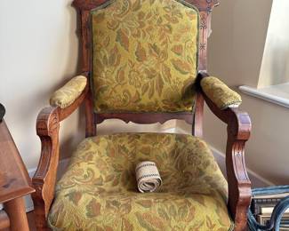 Victorian Style Parlor Chair with Brown/Green Damask Pattern Upholstery