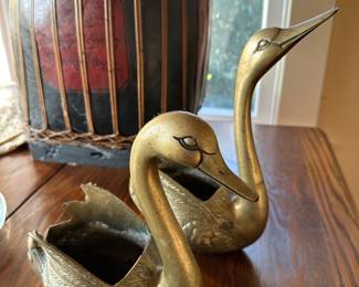 Pair of Brass Swan Duck Planters
