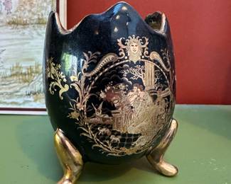 Porcelain Limoges France Cracked Egg Shaped Black/Gold Footed Vase