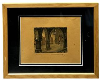 Signed Vintage Architecture Colored Etching
