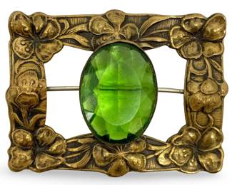Antique Art Nouveau Green Rhinestone Brooch
