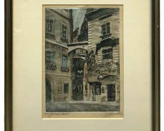 Antique Signed Architecture Colored Etching

