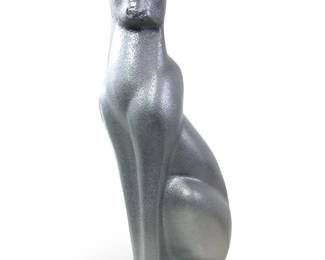 Large Cast Plaster Silver Egyptian Cat Sculpture

