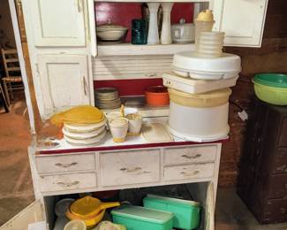 Hoosier cabinet with red trim enamel - and tons of Tupperware!!