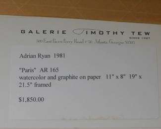 Signed Adrian Ryan Title "Paris" 1981 Watercolor & Graphite On Paper 11" x 8"  Framed Size  21.5" x  18.5"