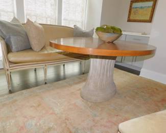 Antique Hand Knotted Rug From The Village Of Qushack In Turkey 5'5" x 9'7"   Gregorius Pineo Decorator Dining Table And Leather Louis XV Style Sofa